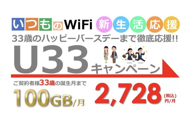 『いつものWiFi U33キャンペーン』33歳の誕生月まで月100GBが2,728円!!