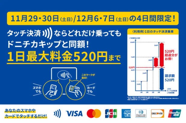 【札幌市営地下鉄】土日の４日間限定！タッチ決済でどれだけ乗ってもドニチカキップと同額の520円に！